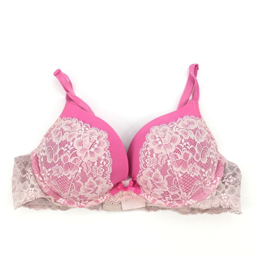 Victoria's Secret Dream Angels Push Up Bra Size 32C Bright Pink White Lace VS